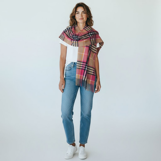 Classic Blush Pink Tartan Plaid Winter Scarf
