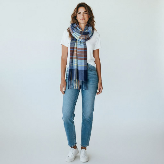 Sky Blue & Mocha Tartan Plaid Scarf