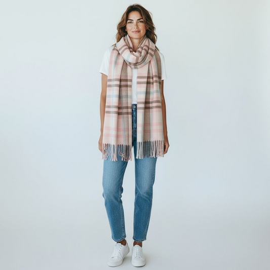 Soft Pastel Pink & Beige Tartan Plaid Scarf