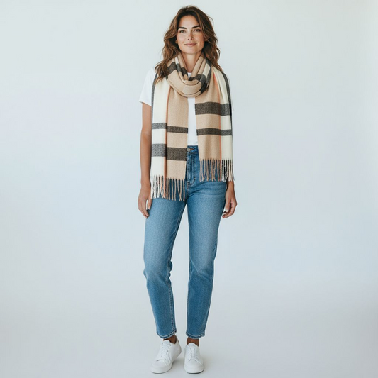 Classic Beige & Black Tartan Plaid Scarf
